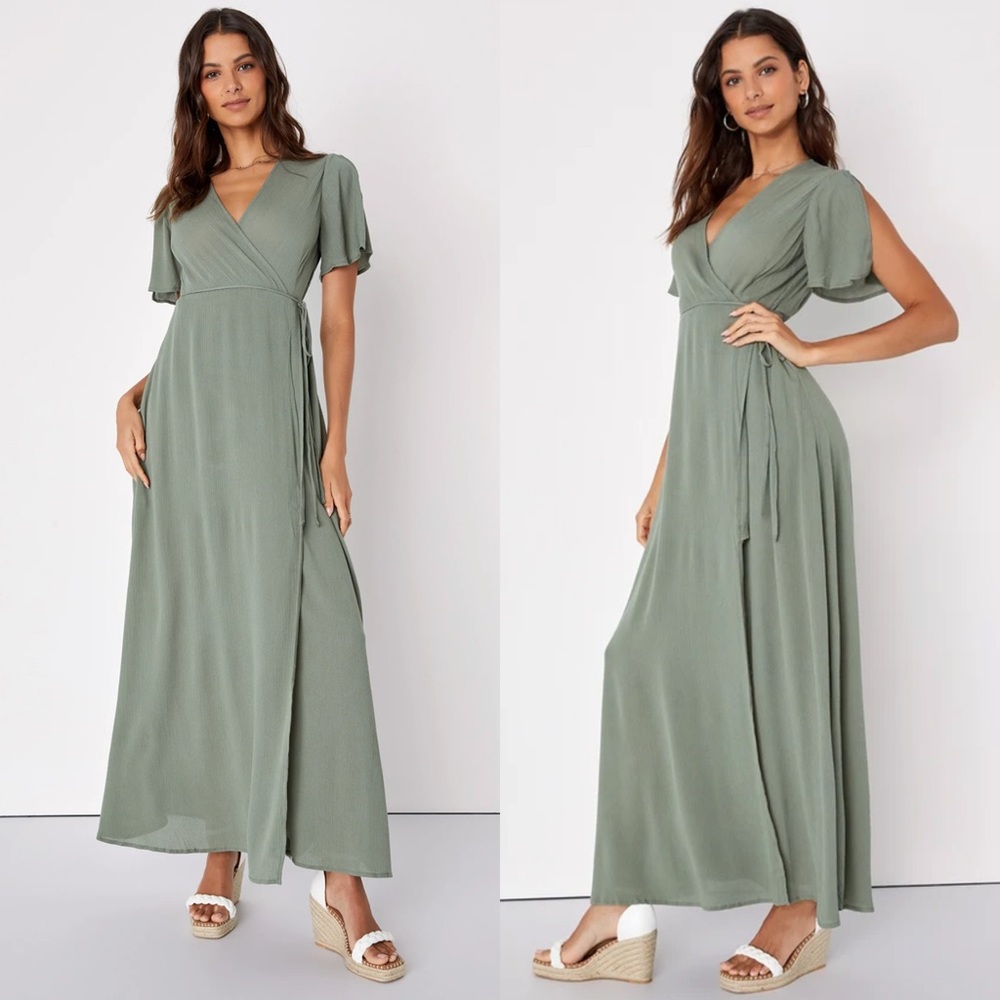 Lulu’s Much Obliged Wrap Maxi Dress Gauzy Flowy Casual Spring Summer Green Small - Picture 4 of 15